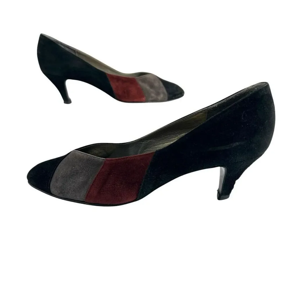 Yves Saint Laurent Black Gray & Red Suede Pumps Heels Sz6 Vintage